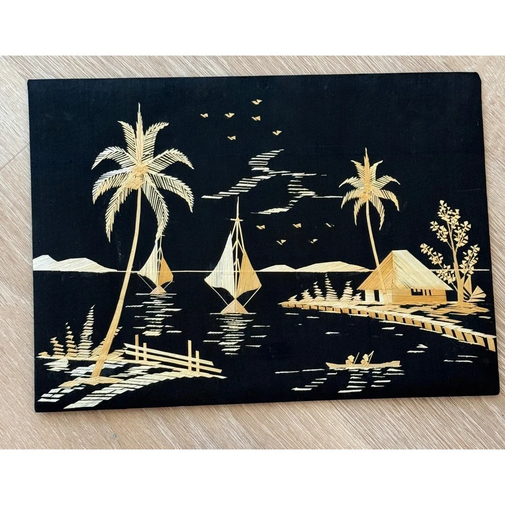 Vintage 60s Set of 2 Bamboo Straw Rice Art Tropical Hut Sailboat Wall Decor